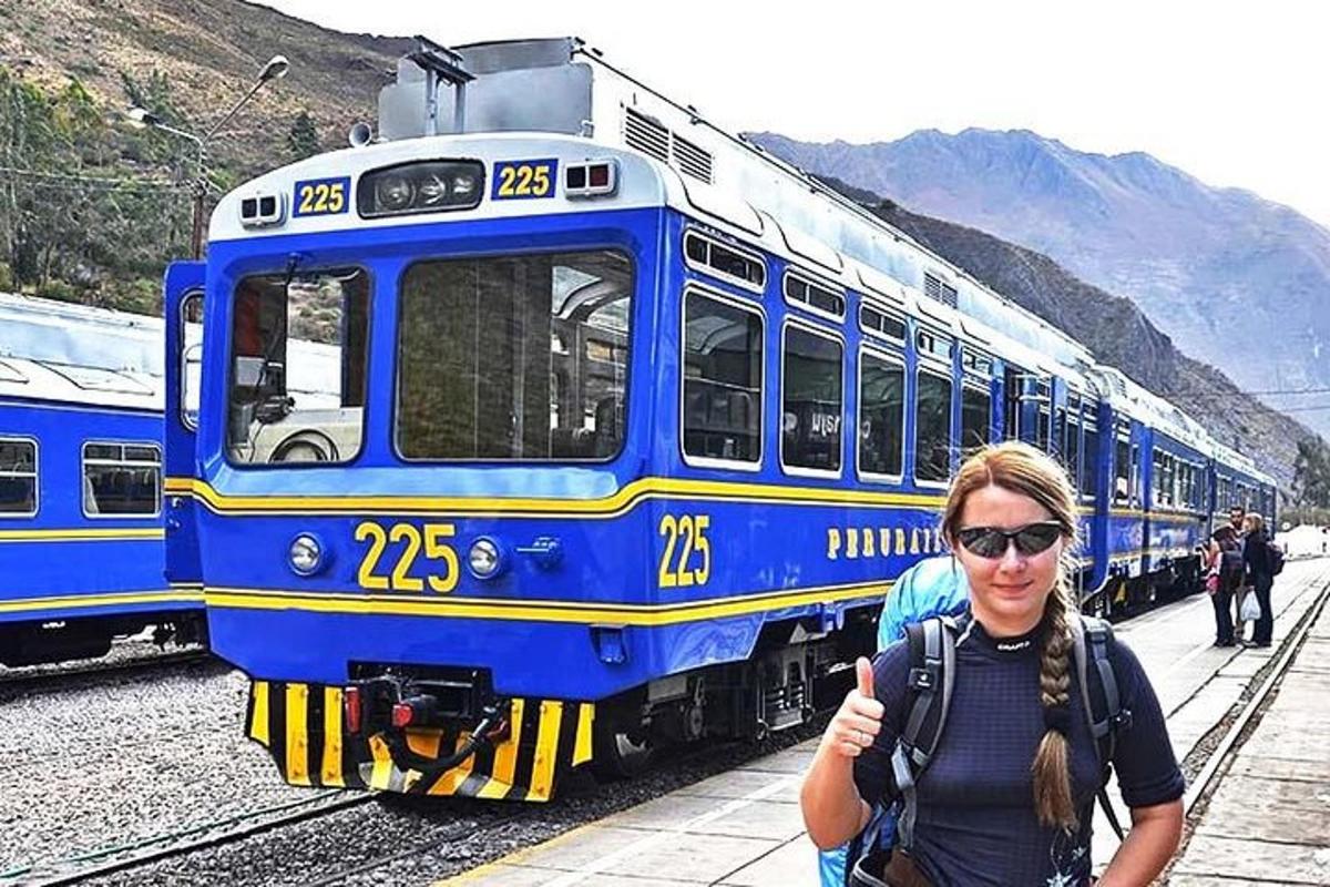 o femeie care stă în fața unui tren albastru