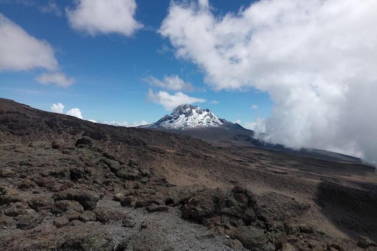 snæviþakið fjall í miðjum akri