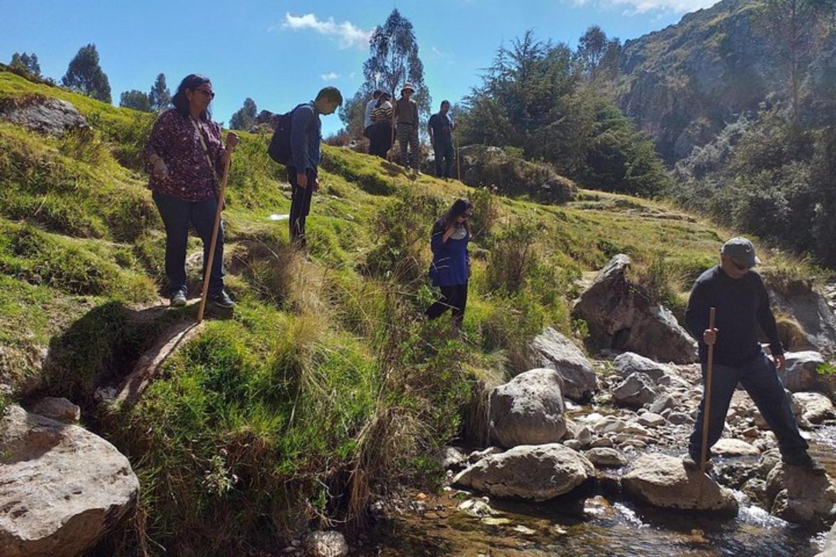 a group of people walking on a hill near a river