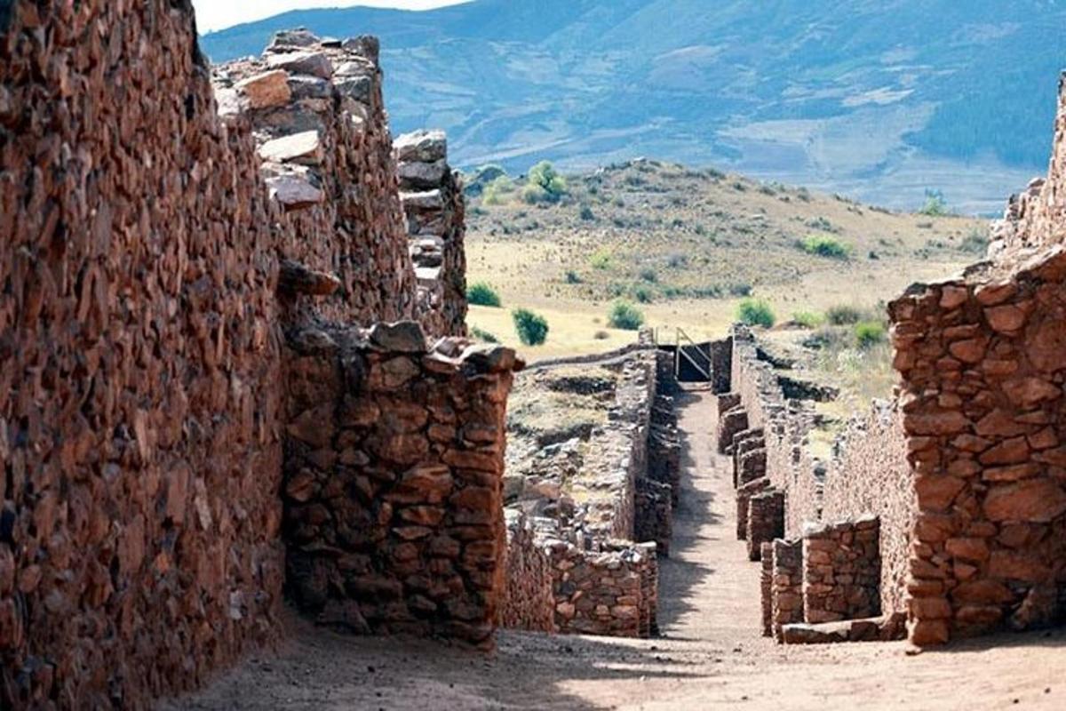 Un antiguo edificio de piedra con una montaña al fondo.
