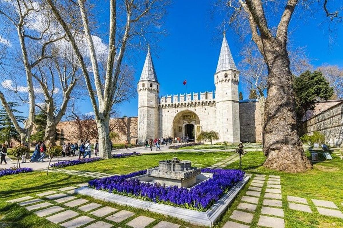 budynek z fontanną w parku z fioletowymi kwiatami