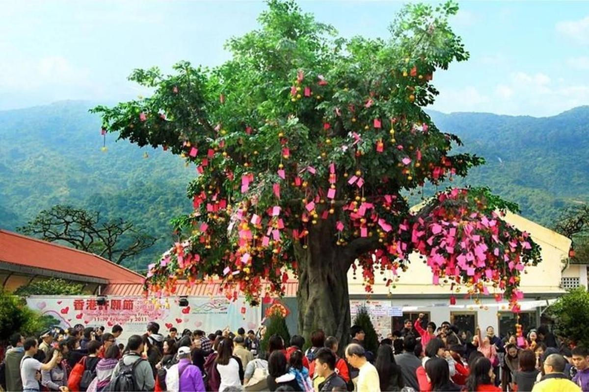 eine Menschenmenge, die um einen Baum mit Blumen steht