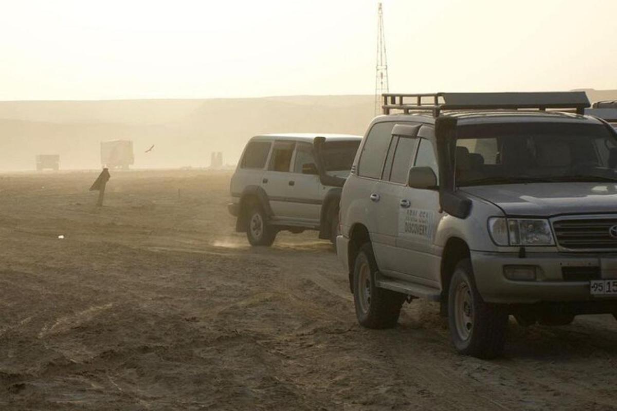 two white trucks parked in a dirt field