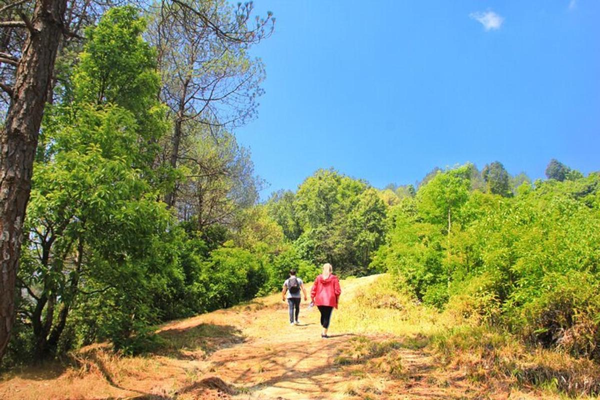 two people walking down a dirt road