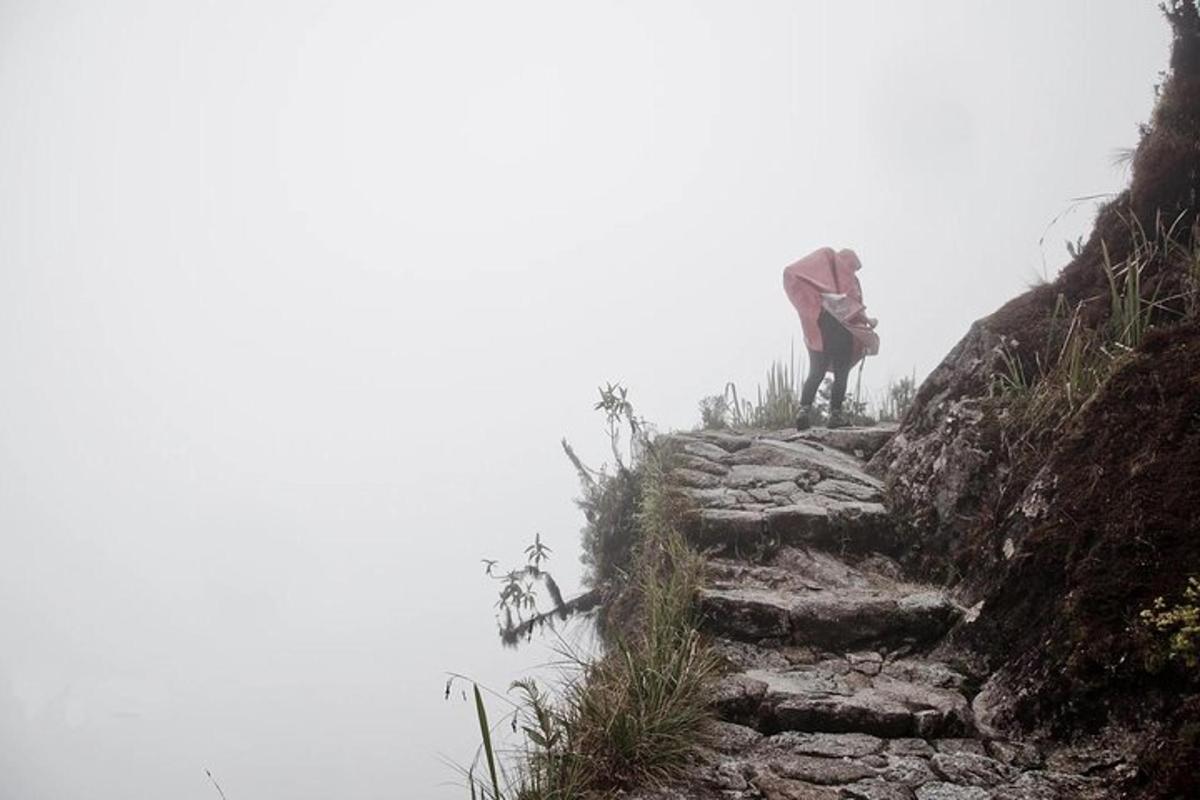una persona in piedi su un sentiero roccioso su una montagna