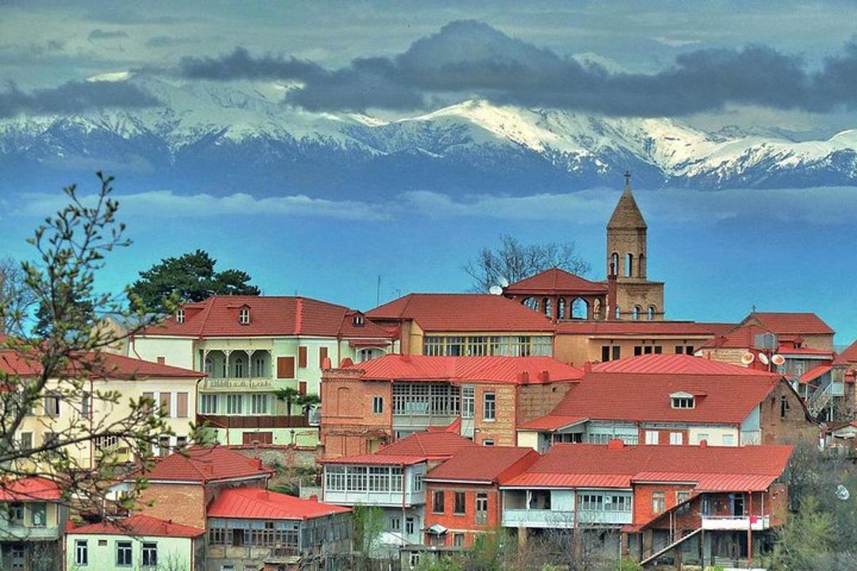 un gruppo di edifici con montagne innevate sullo sfondo