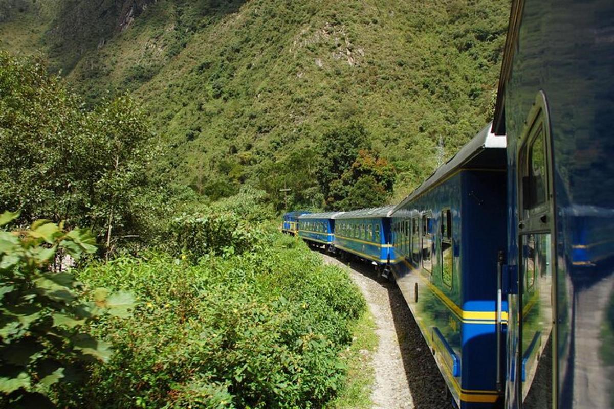 kereta api biru berjalan di rel dekat gunung