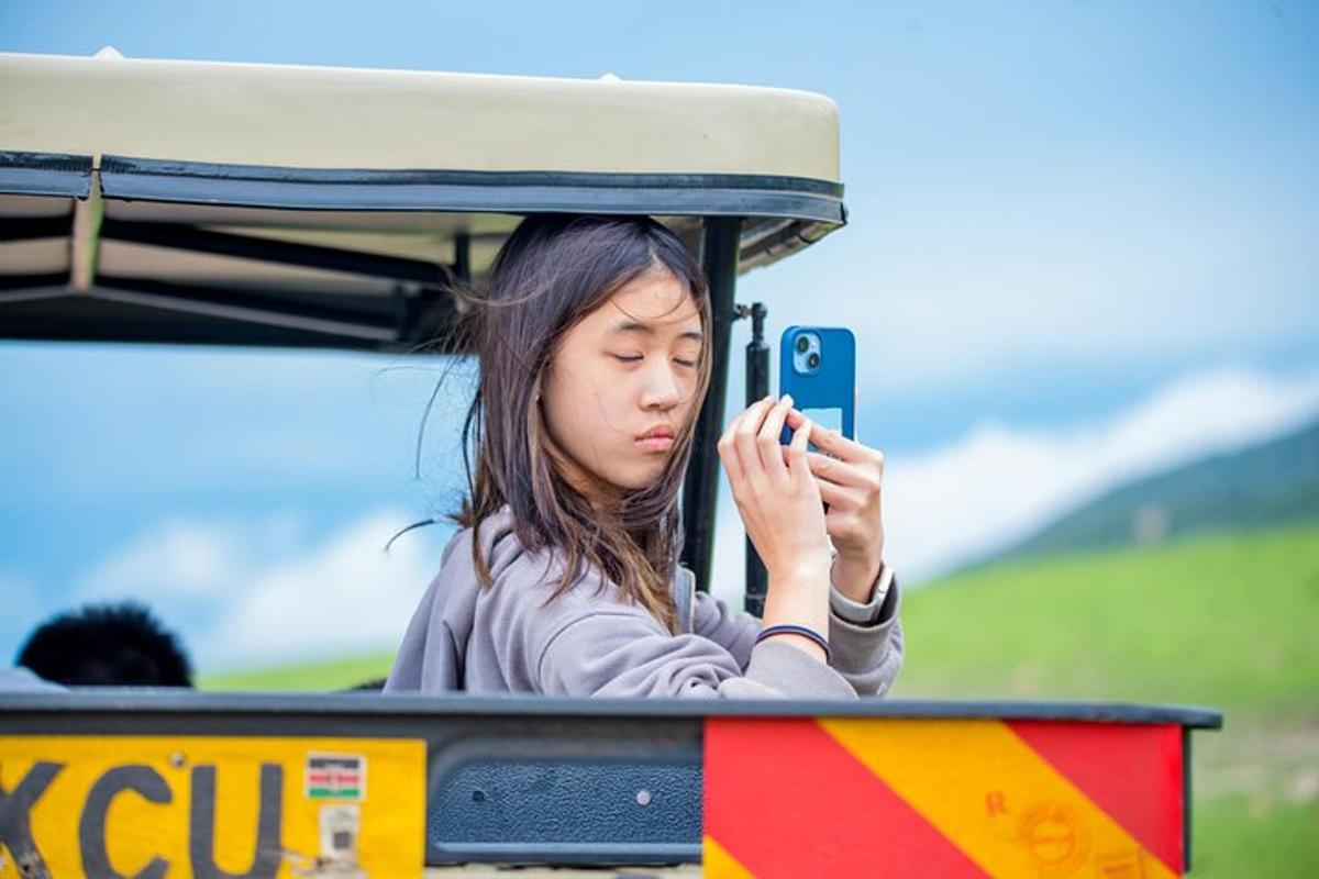seorang wanita duduk di atas kereta api melihat telefon bimbitnya