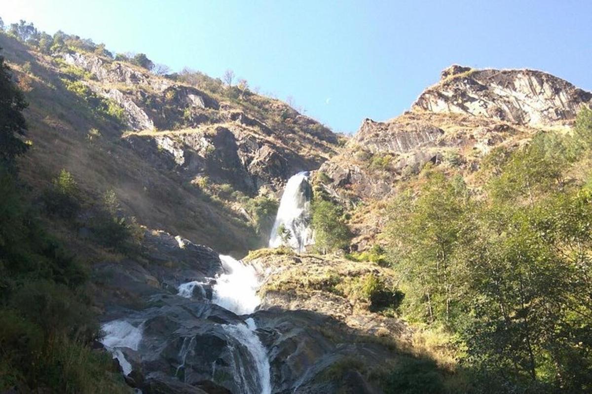 algumas cachoeiras em uma montanha com árvores