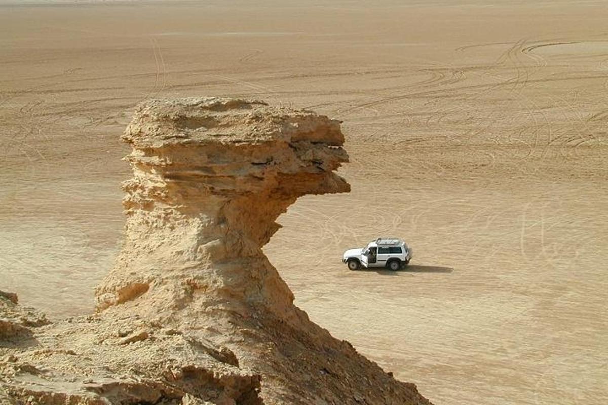 a white truck driving in the desert