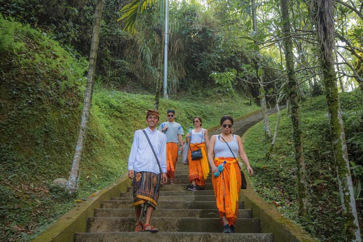 a group of people walking up some stairs