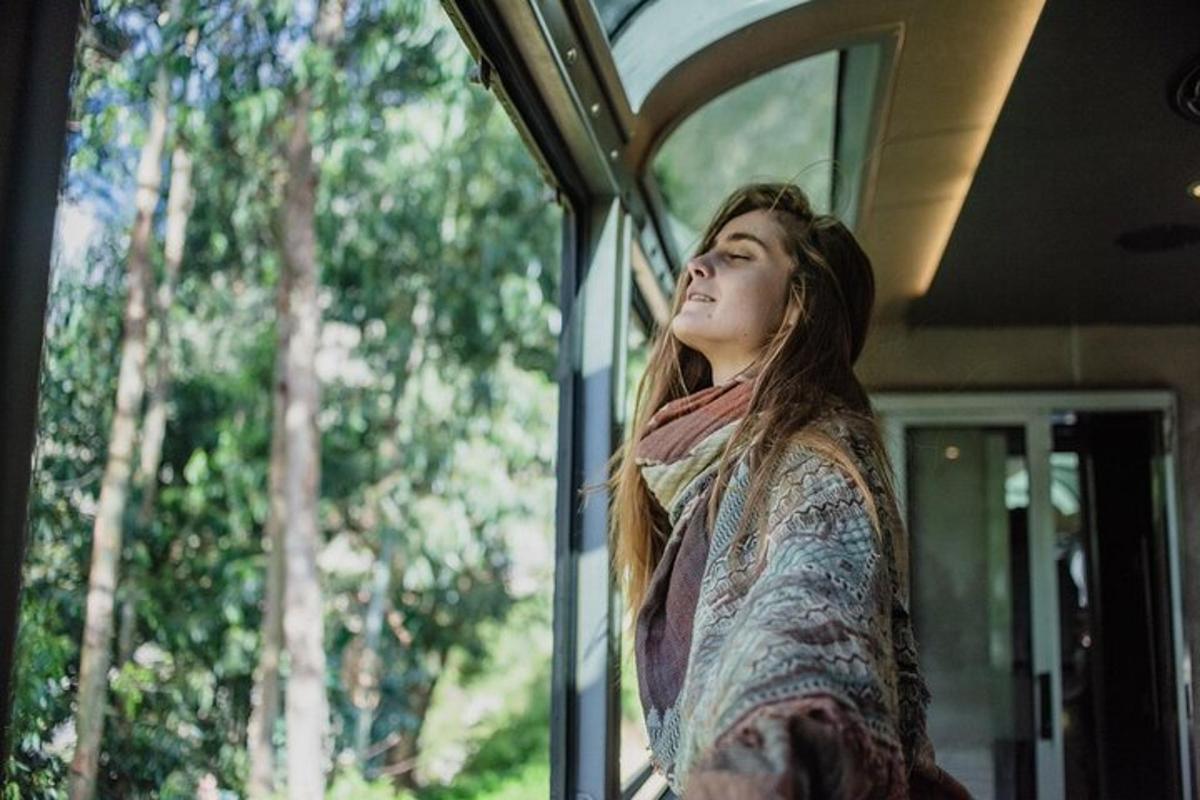 žena sedící v autobuse a dívající se z okna