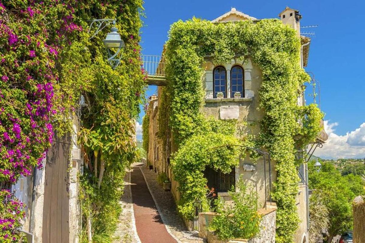 Un edificio cubierto de hiedra con una calle con flores.