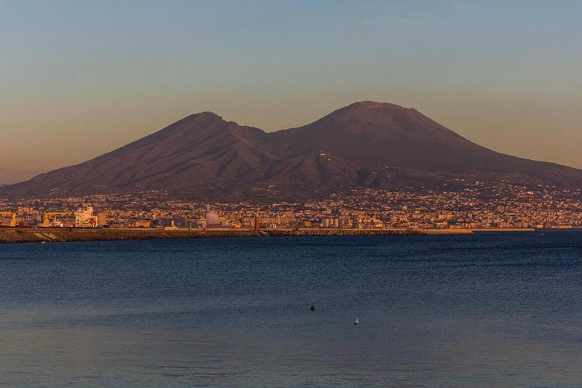 a large body of water with a city and a mountain