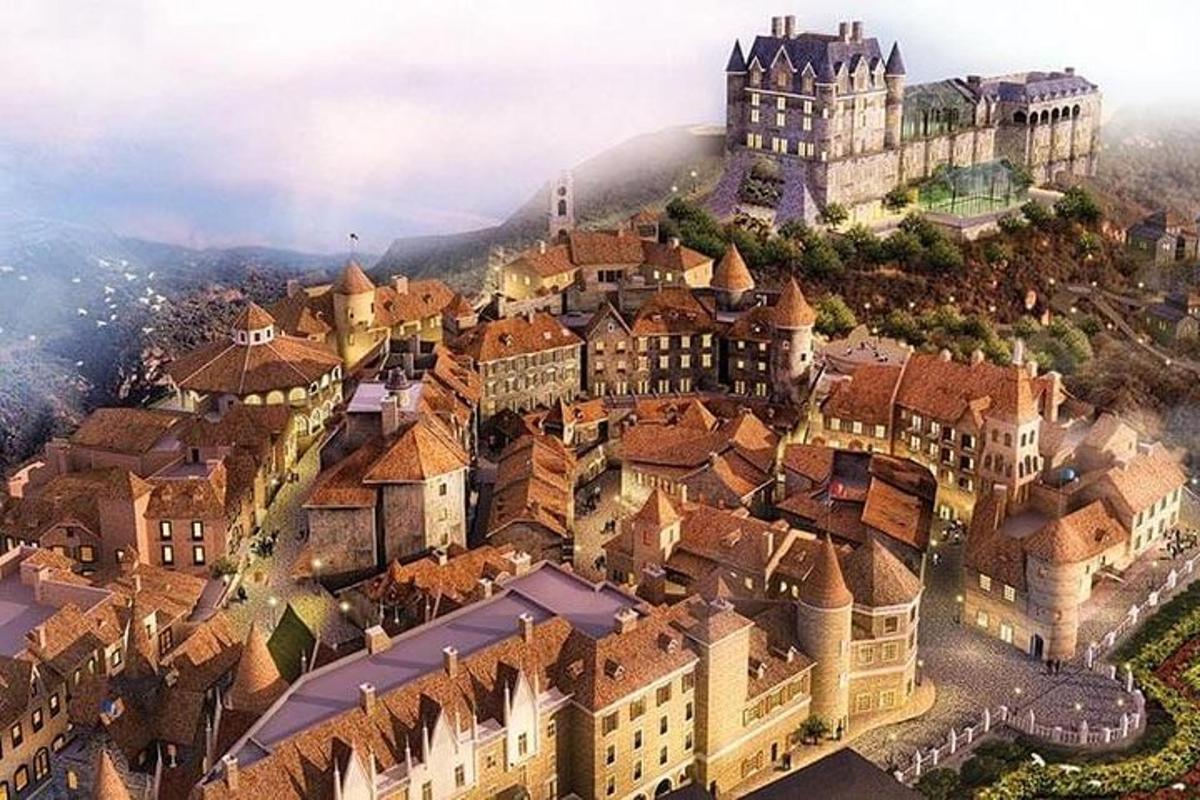 Una vista aérea de una ciudad con un castillo.