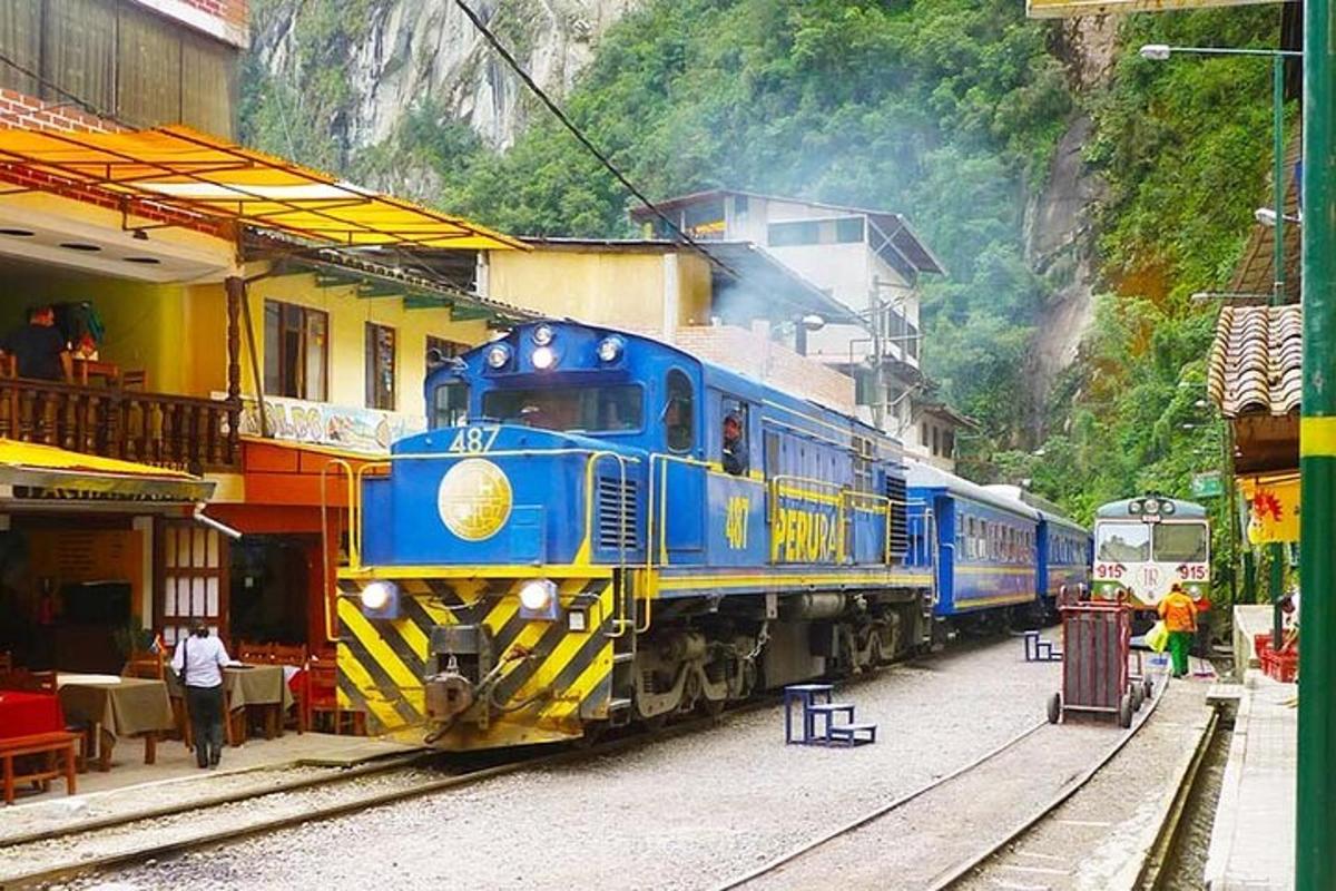 một đoàn tàu màu xanh và vàng đậu ở một nhà ga