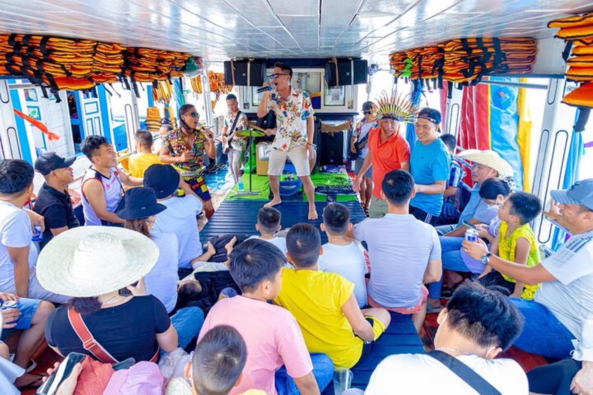 a group of people sitting on a bus