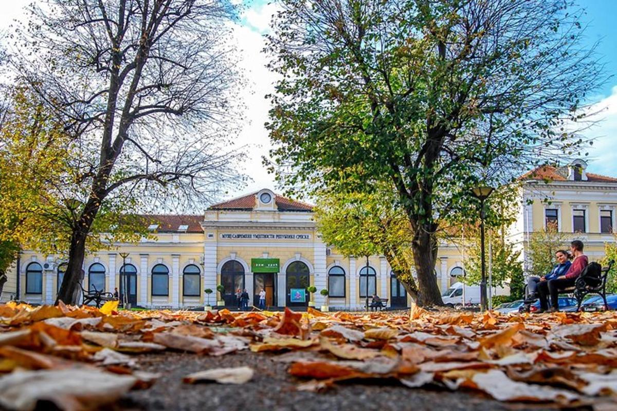 two people sitting on a bench in front of a building with leaves