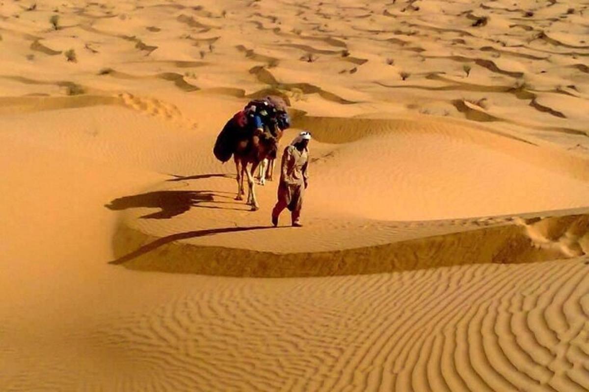 a man walking in the desert with a camel