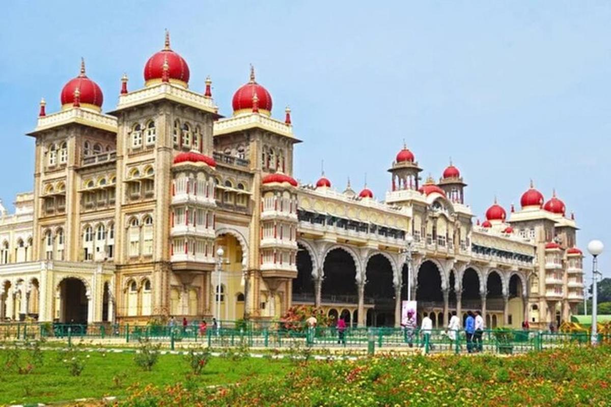 a large building with red domes on top of it