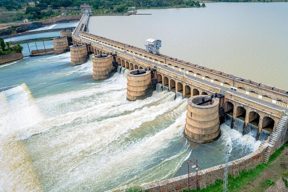 an aerial view of a dam on a river