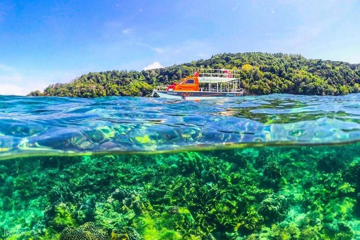 um barco na água perto de um recife de coral