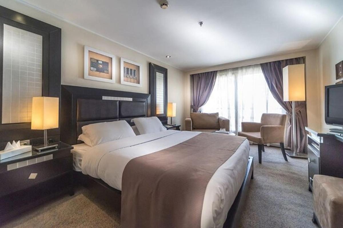 una habitació d'hotel amb un llit gran i un televisor