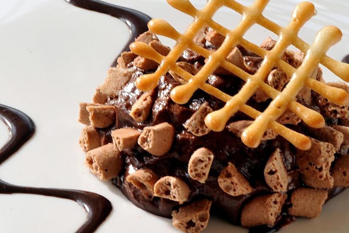 um pedaço de waffle de chocolate em um prato
