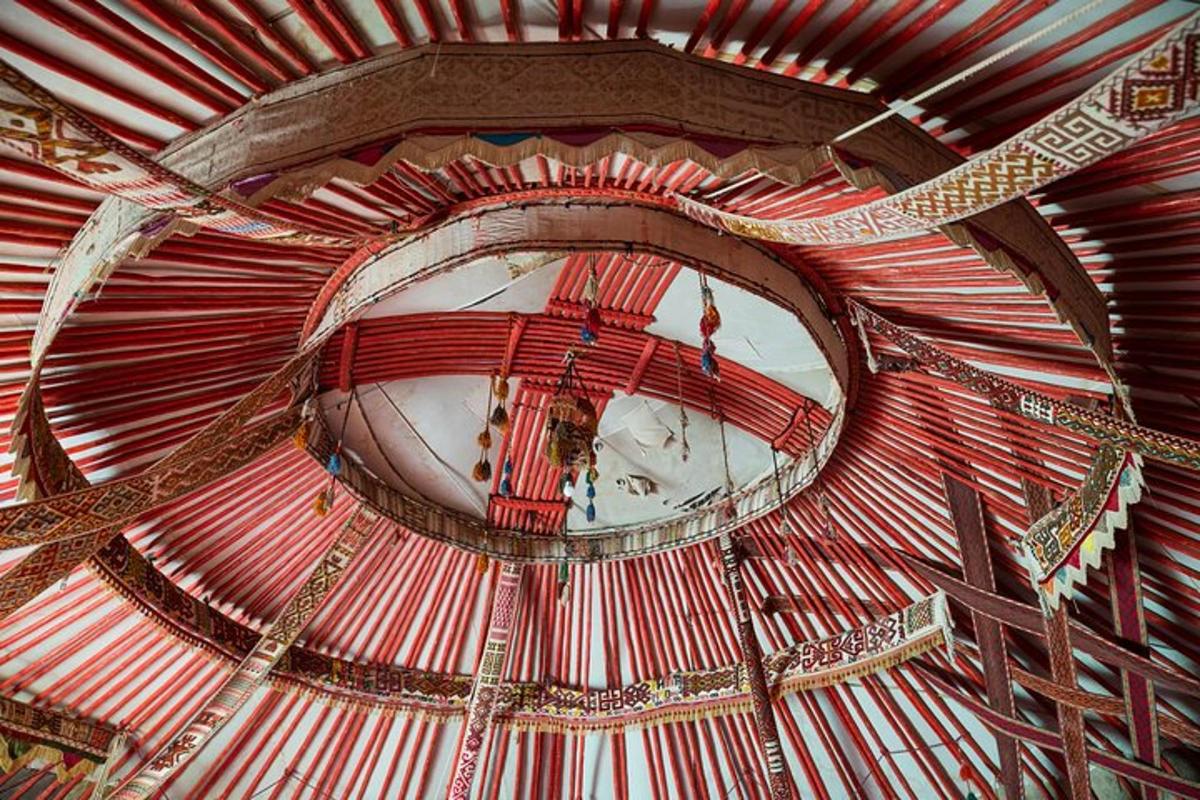 a view of a red ceiling in a building