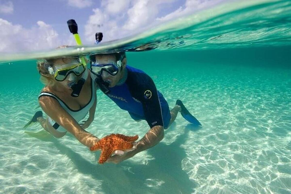 um homem e uma mulher na água com uma estrela do mar