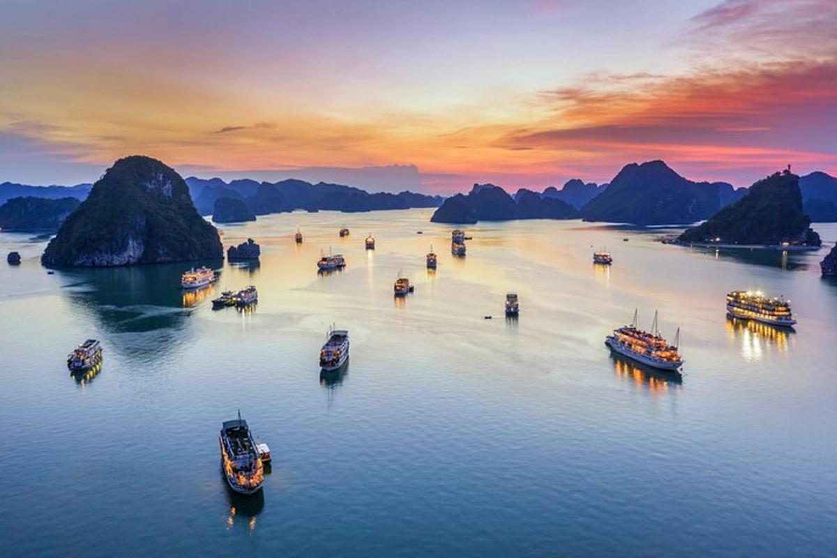 Un grupo de barcos en el agua al atardecer