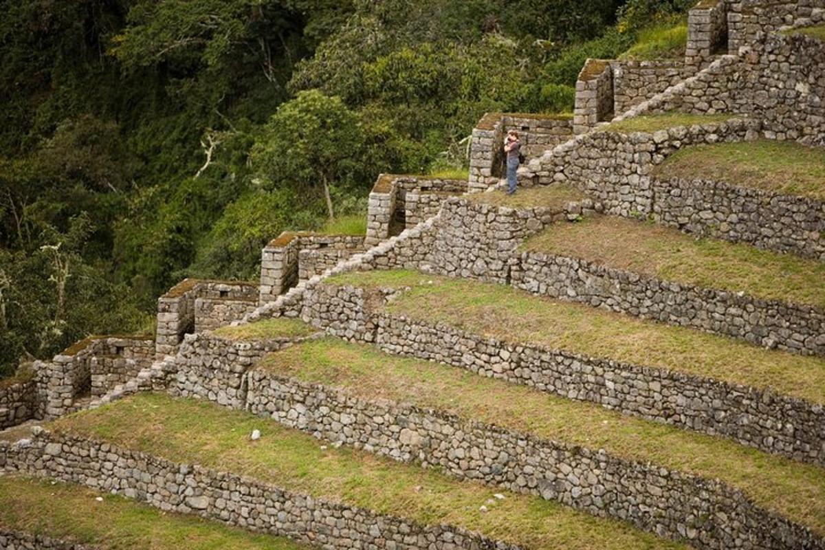 a person standing on top of a stone wall
