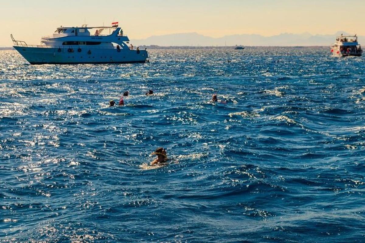skupina lidí plave v oceánu s lodí