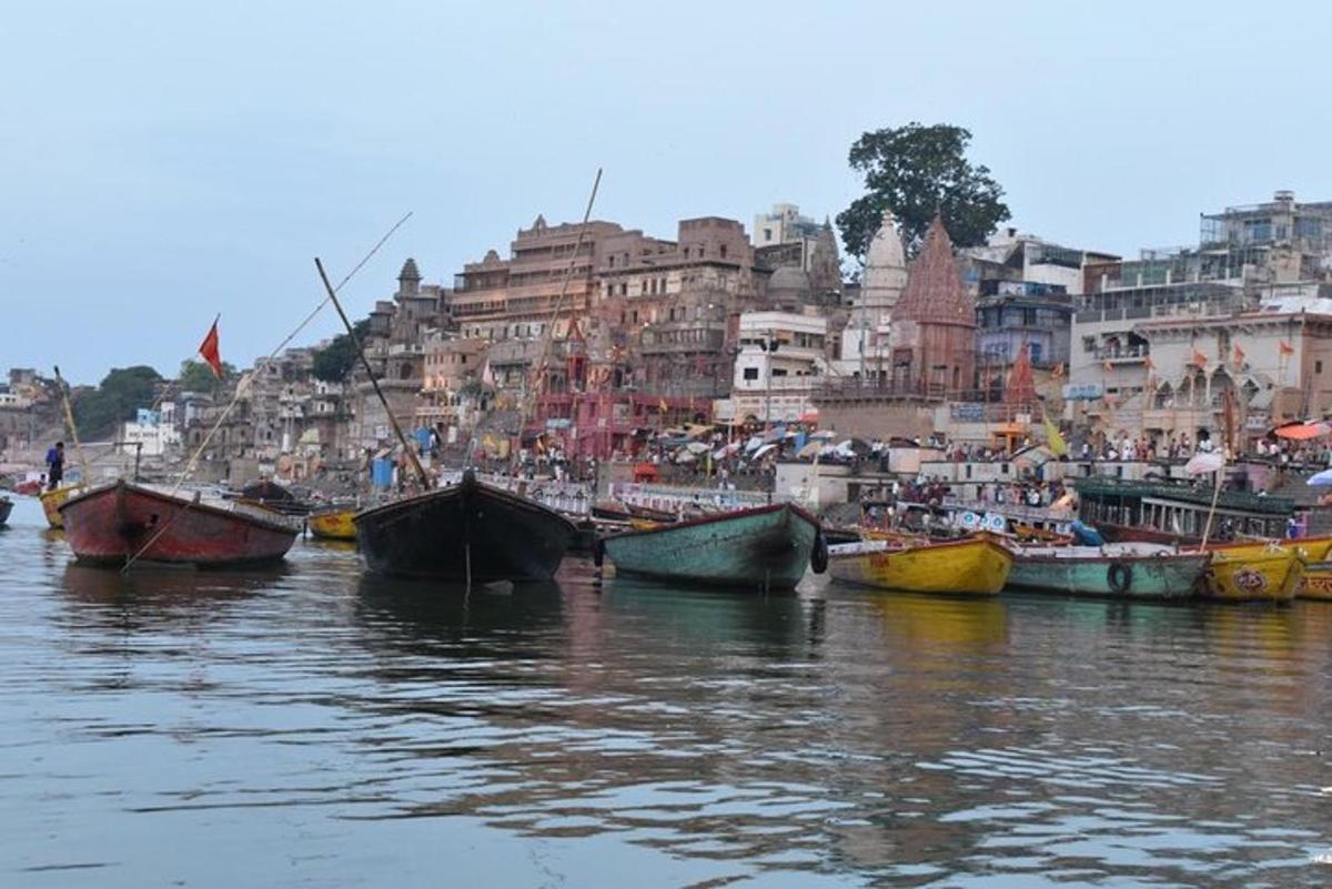 a group of boats in the water near a city