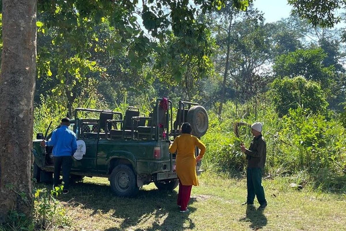 a group of people standing around a green truck