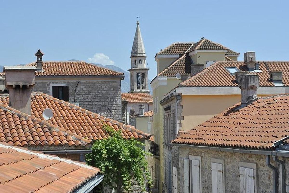 una vista di una città con tetti e una chiesa