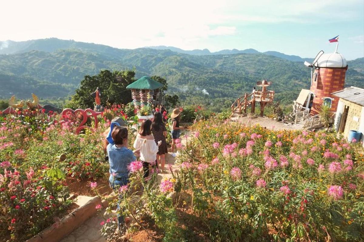 a group of children walking through a field of flowers