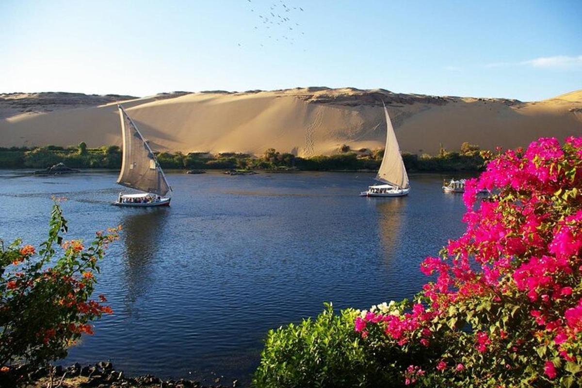 two sailboats on a river in front of a dune