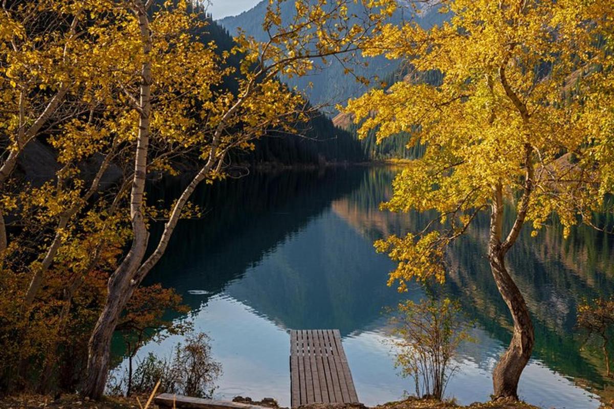 pohled na jezero se stromy a molem