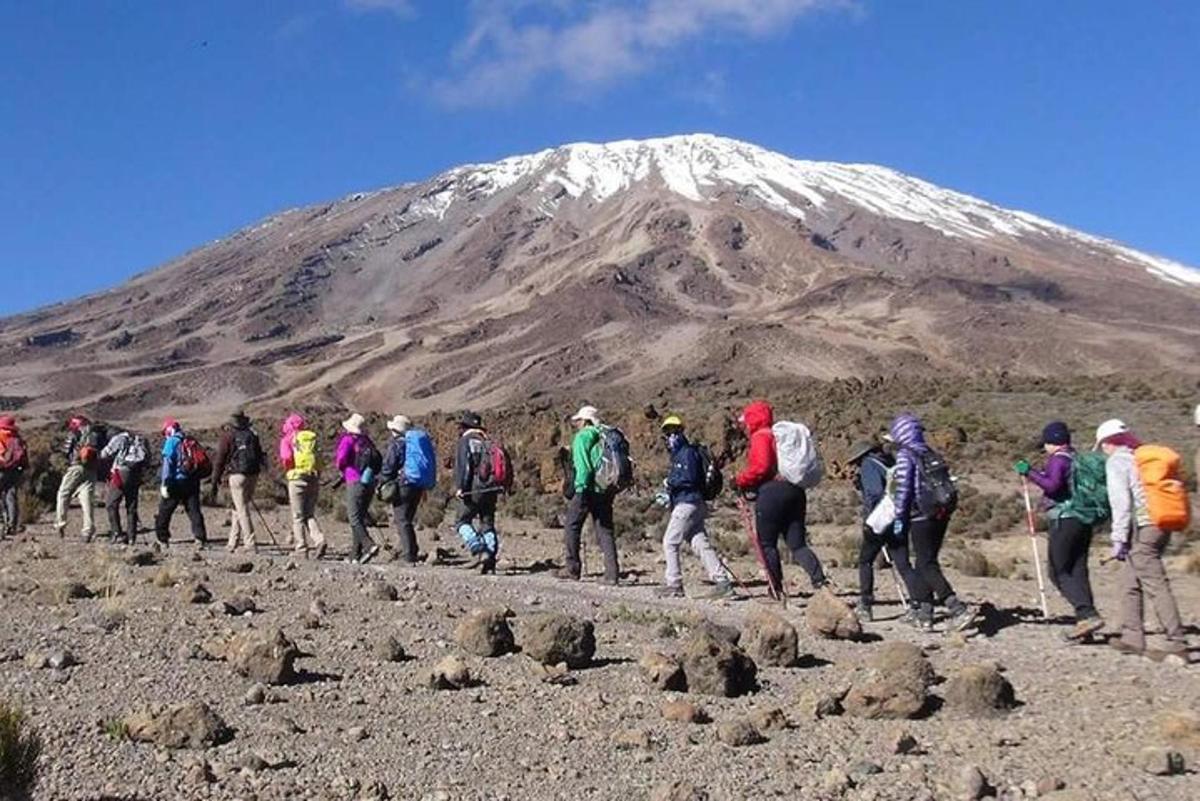 um grupo de pessoas caminhando em uma montanha