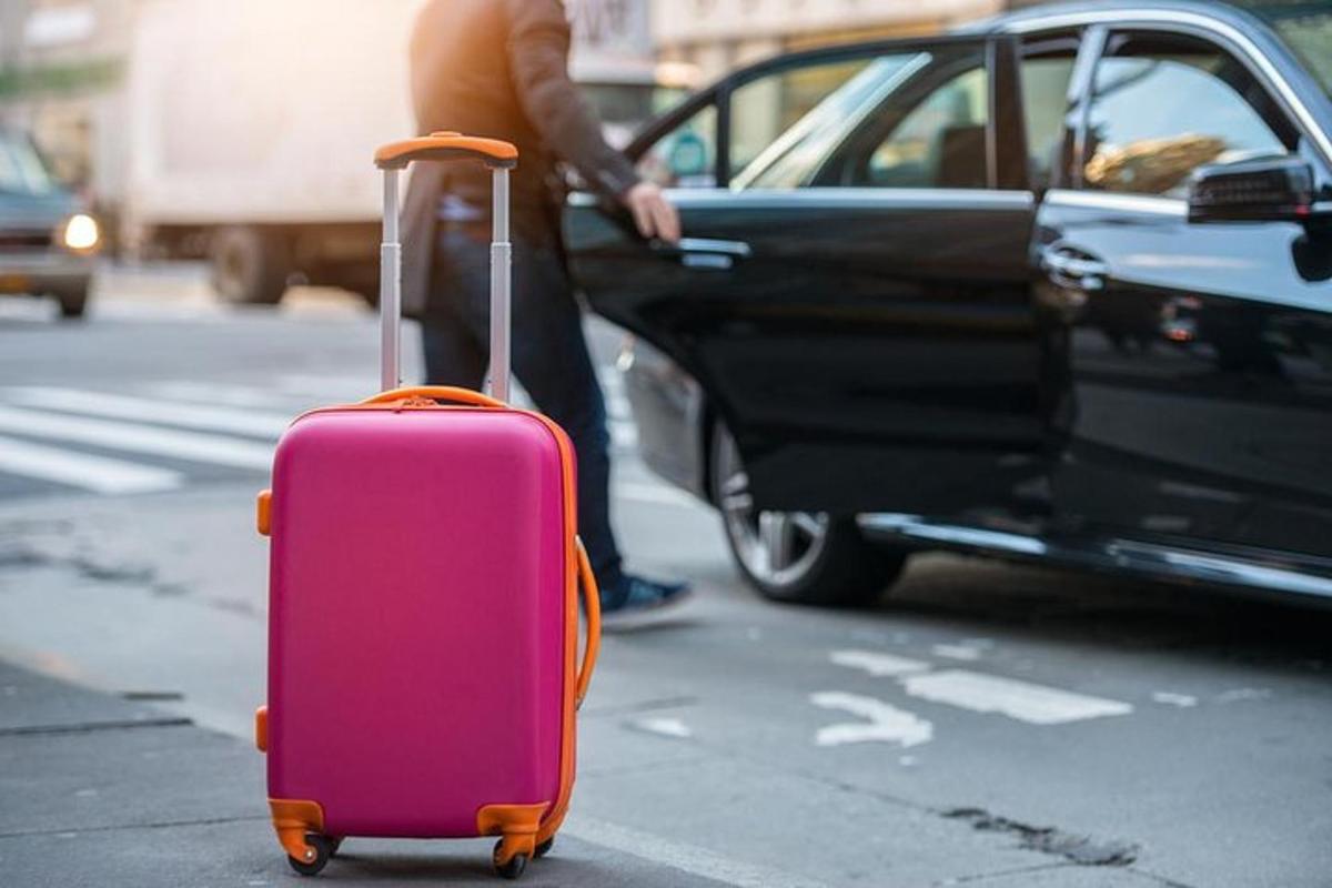 eine Person zieht einen rosa Koffer auf der Straße