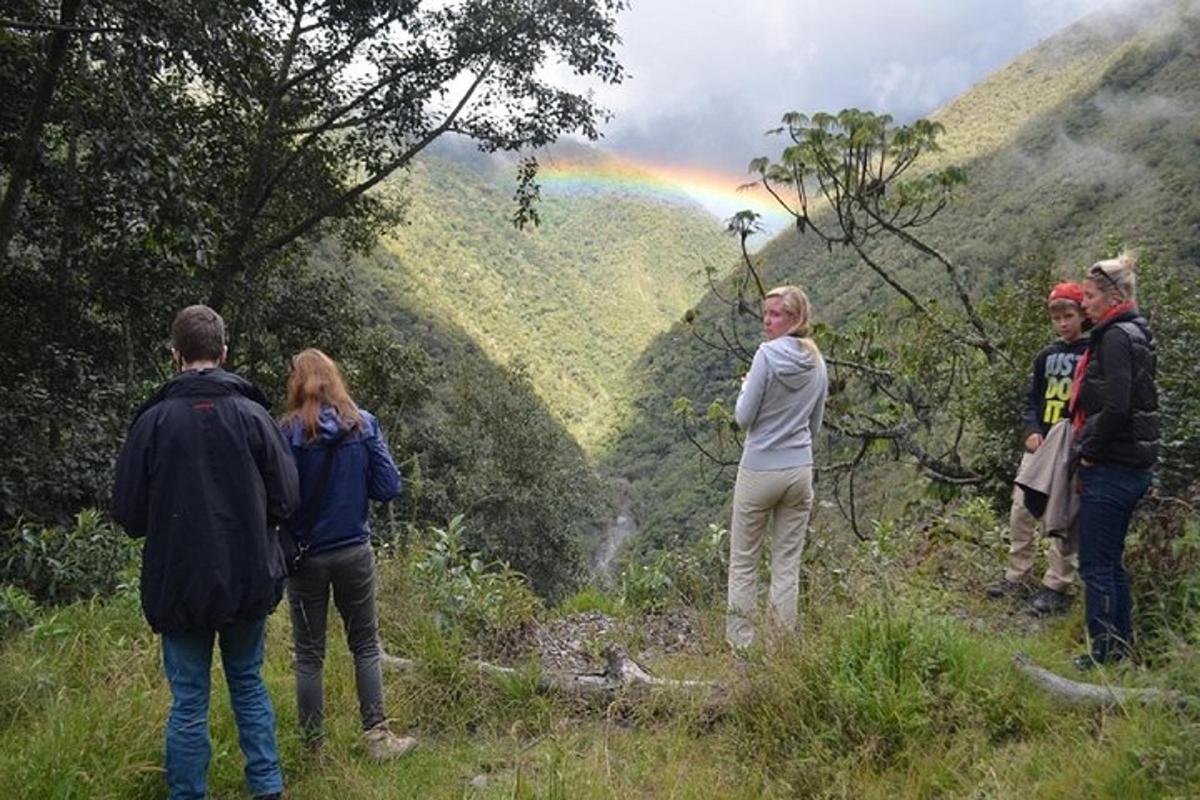 um grupo de pessoas em pé em uma colina com um arco-íris
