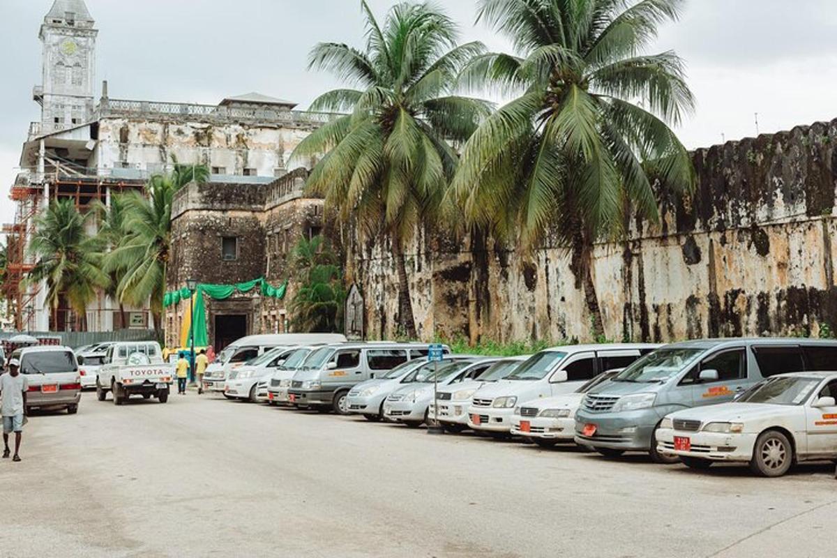 automašīnu rinda, kas novietota blakus sienai ar palmām