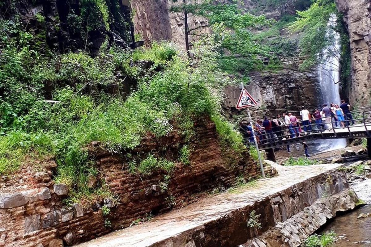 un gruppo di persone in piedi su un ponte vicino a una cascata