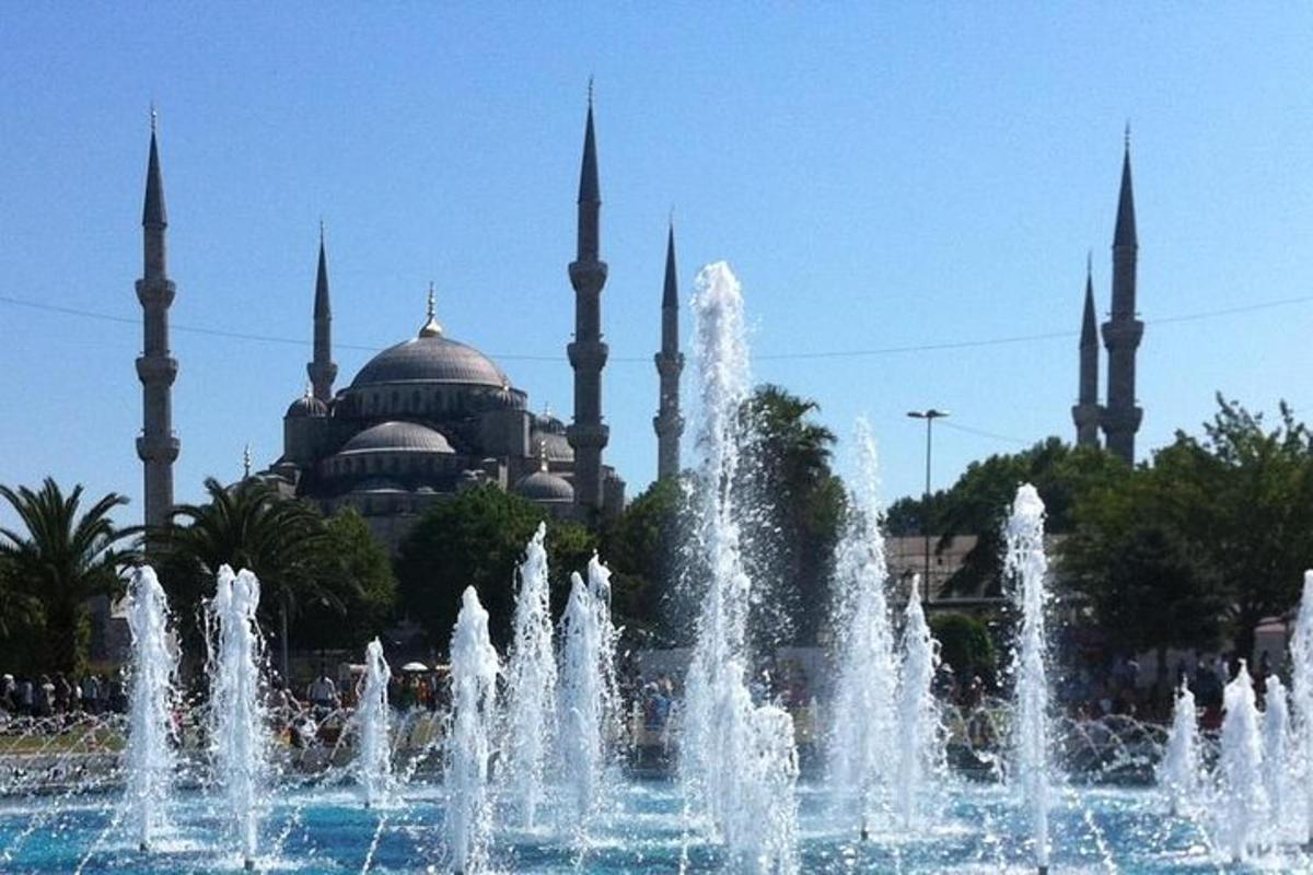una fontana di fronte a un edificio con una moschea