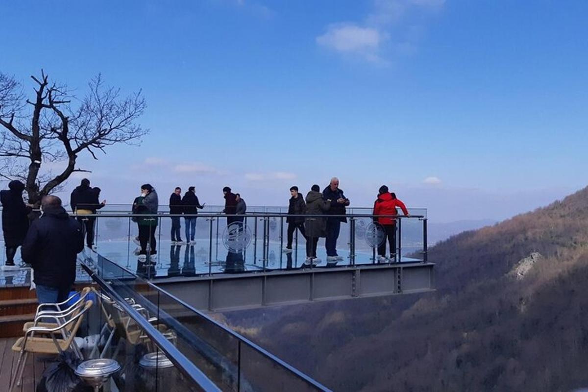 hópur fólks stendur á útsýnispalli á fjalli