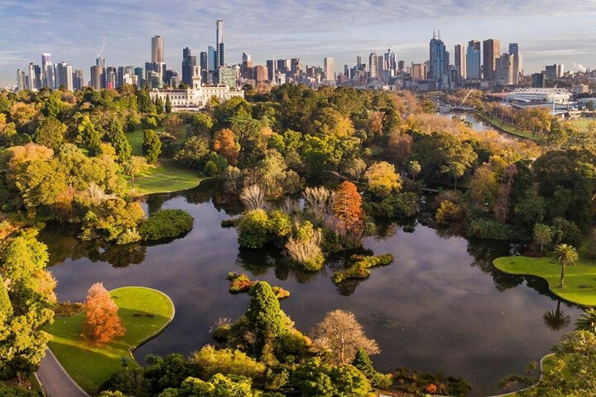 uma vista aérea de um parque com uma cidade ao fundo
