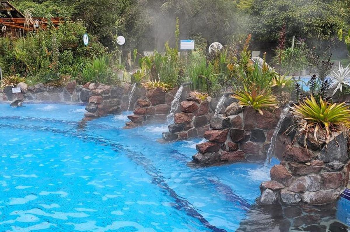 a swimming pool with a waterfall in a backyard