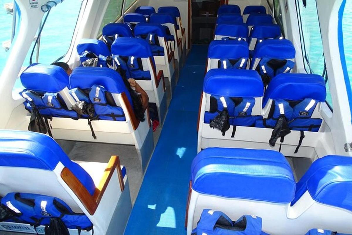 a row of blue seats on a boat