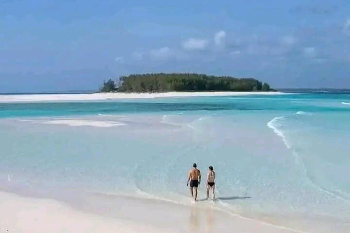 dva človeka, ki se sprehajata po plaži v oceanu